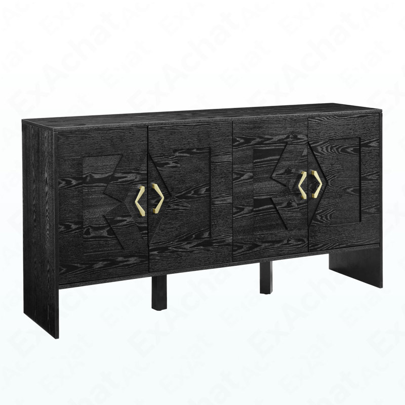 Mid Century Modern Storage Sideboard - 60" TV Media Console With Geometric Pattern & Adjustable Shelves, Black