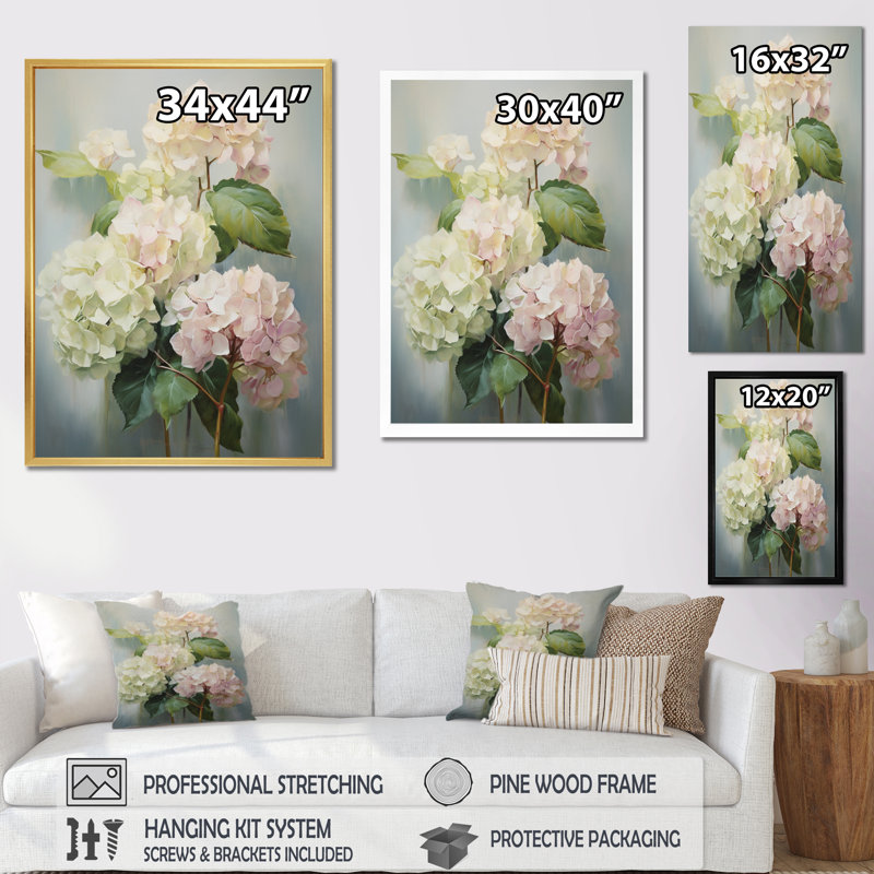 «White Pink Hydrangea Whispering Blooms», reproduction sur toile, Cadre photo noir, H 20 po x l 12 po x P 1 po