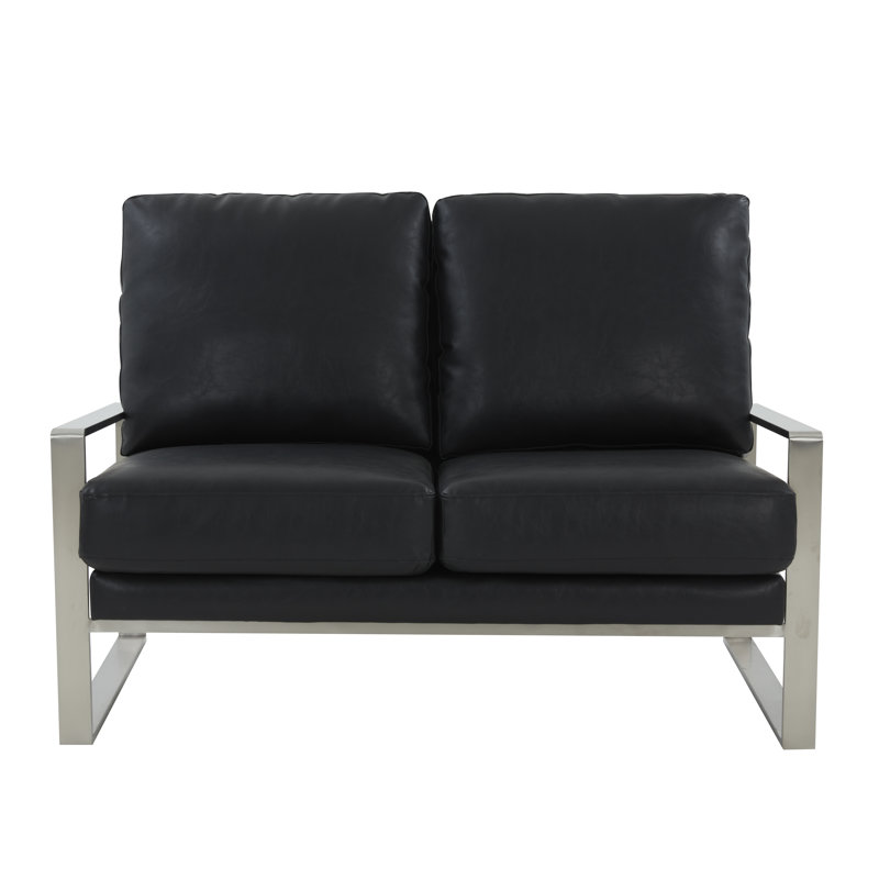 Iosif 53" Modern Faux Leather Loveseat with Polished Silver Metal Base – Square Arm Tuxedo Couch – Luxury Mid-Century Seating for Living Room or Office
