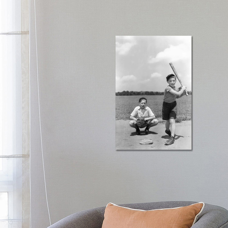 1930s Two Boys Batter And Catcher Playing Baseball - Wrapped Canvas Print, 66.04 cm H x 45.72 cm W x 1.91 cm D