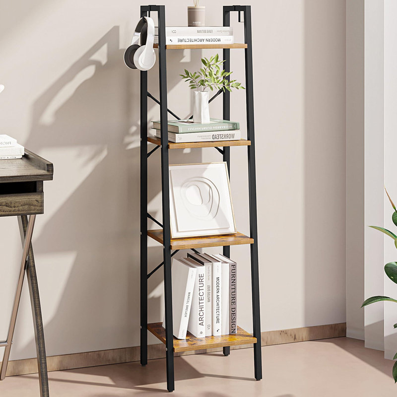 Ladder Shelf Bookshelf, Freestanding Corner Storage with 2 Hooks, Rustic Brown