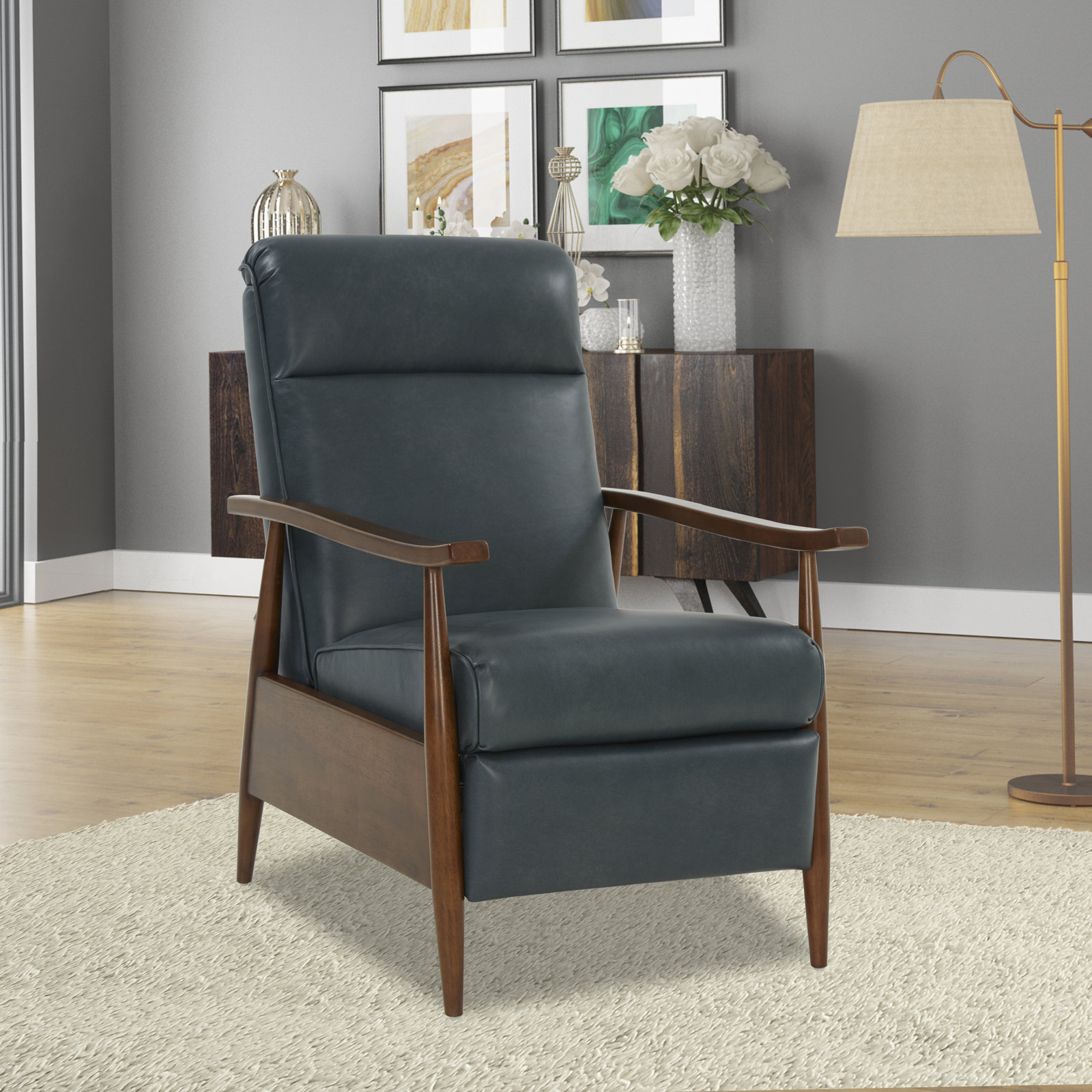 27" Genuine Leather Manual Recliner, Roma Bluegray Genuine Leather