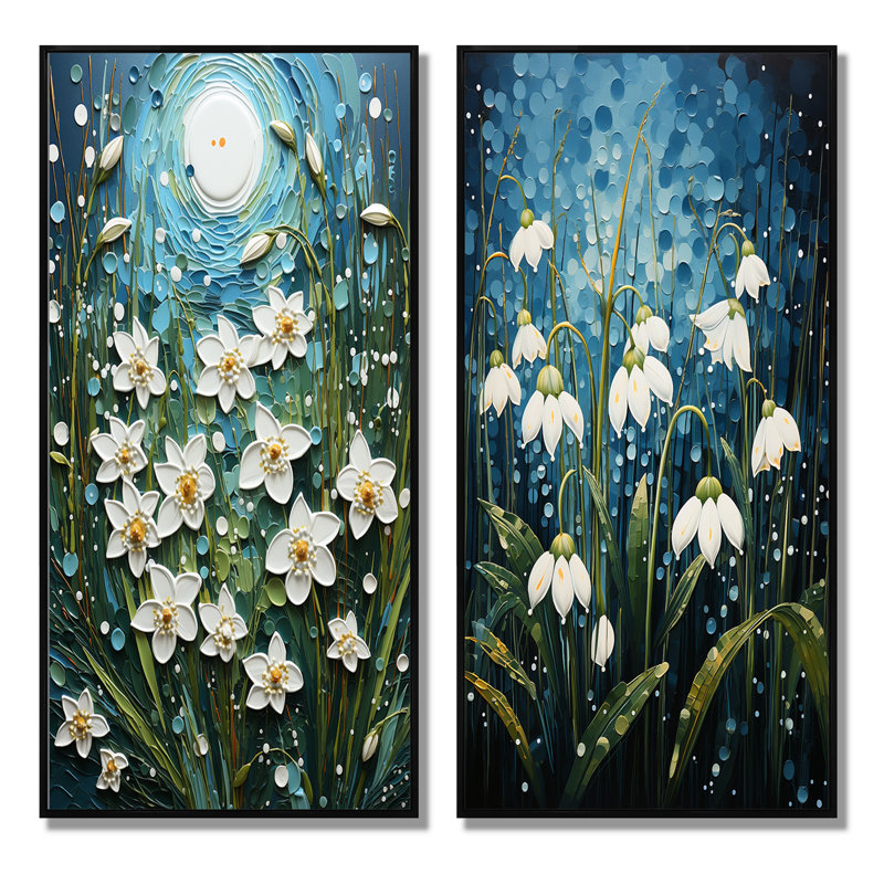 «White Snowdrops Field Pointillism», 2 pièces, H 32 po x l 32 po, Cadre noir