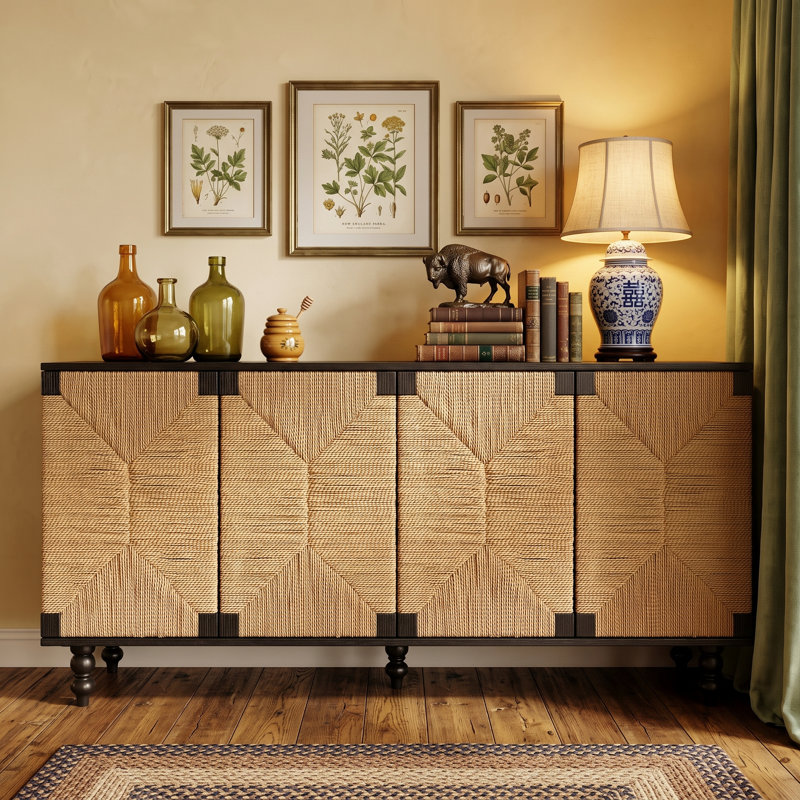 Buffet 59 po avec 5 pieds en bois massif, noir / naturel