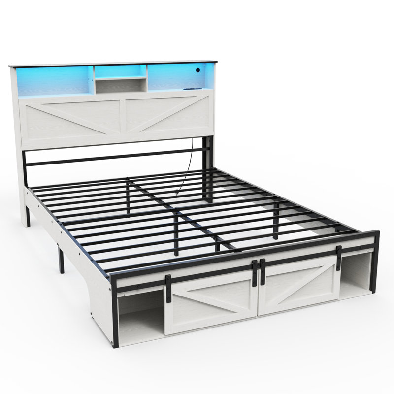 Grand lit de ferme avec tête de lit avec rangement, Blanc, Grand lit