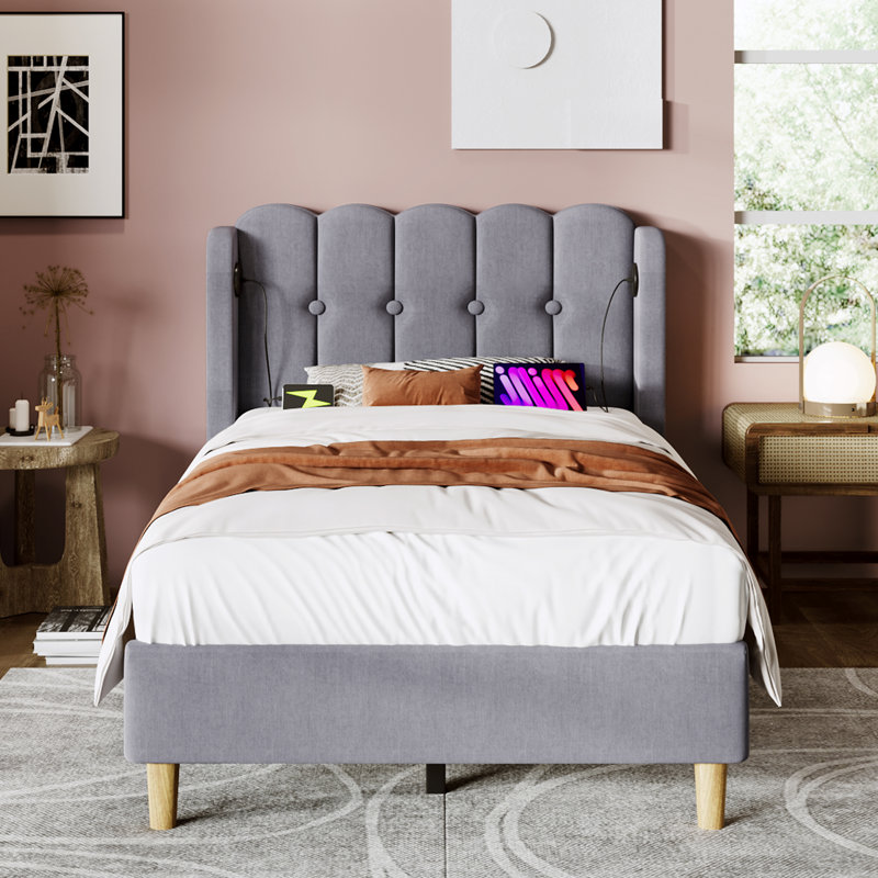 Velvet Grille-Panel Bed With Charging Station, Single (3'), Grey