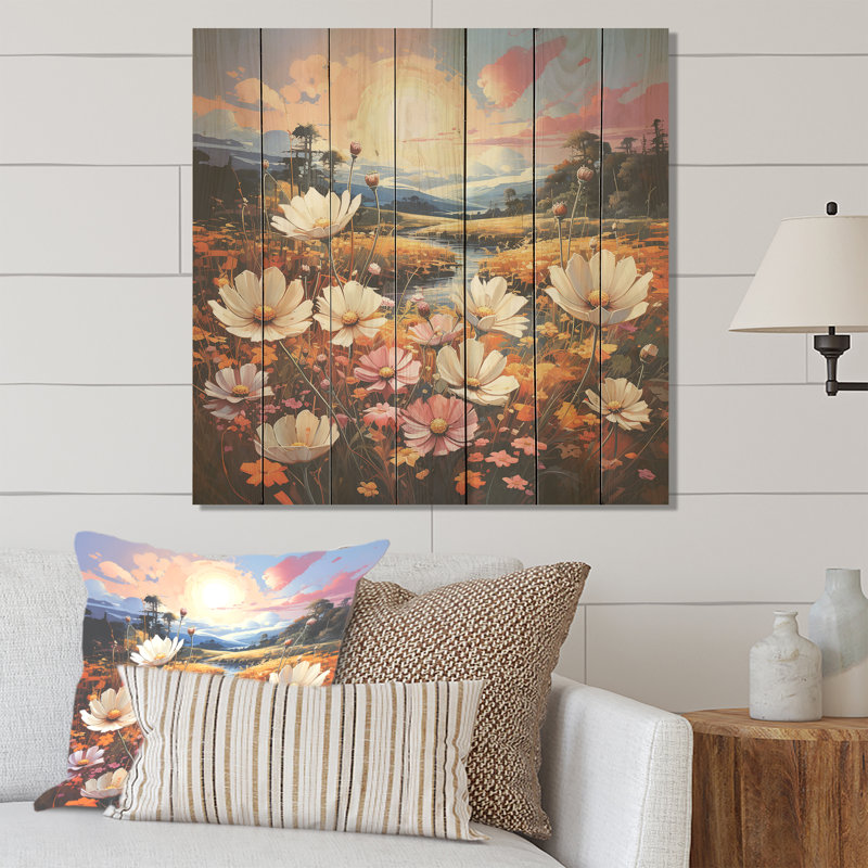 White And Pink Wildflowers Meadow  - Wildflowers On Wood Print, 30" H x 30" W