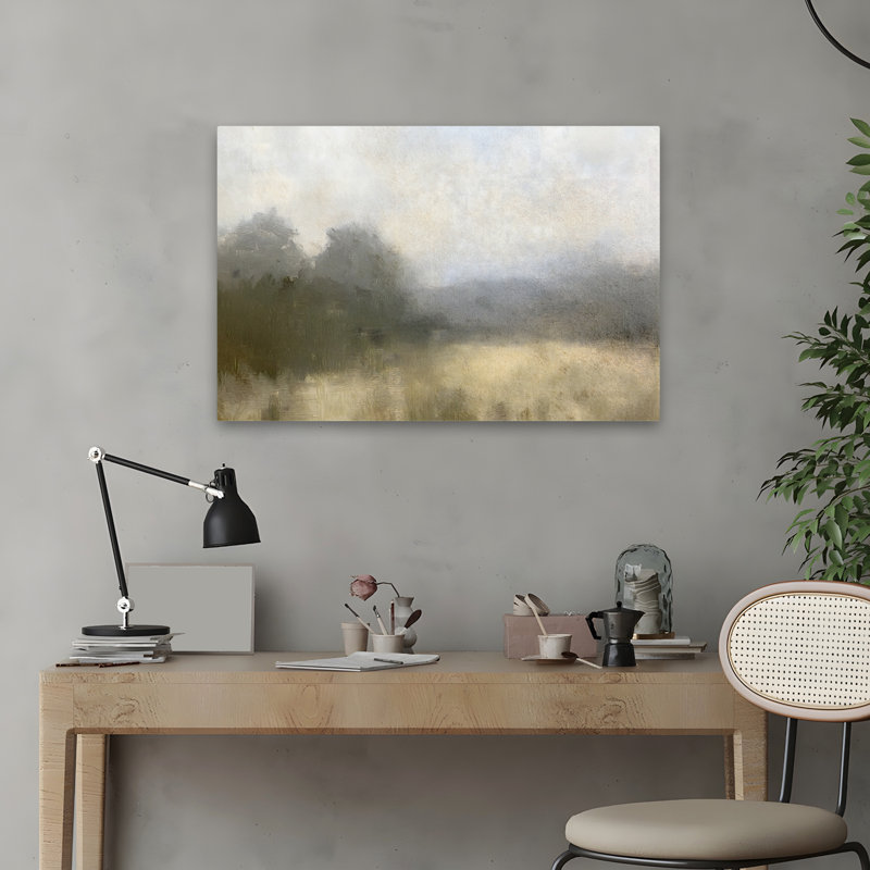 «Misty Field With Soft Horizon», paysage, peinture à l'huile impressionniste, campagne, H 16 po x l 24 po