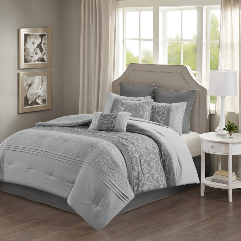 Édredon gris très grand 8 pièces - microfibre douce de luxe brodée et décoration imprimée