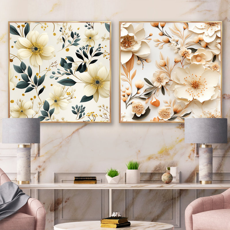 Dorcia - Ensemble de 2 collages floraux carrés, Cadre flottant doré, H 36 po x l 73 po