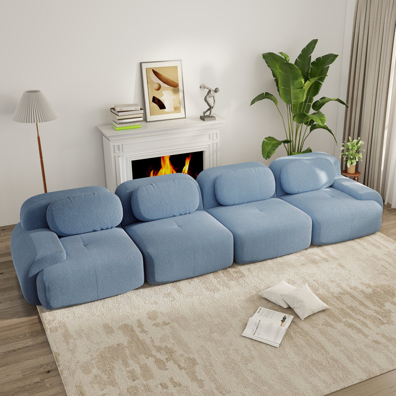 Canapé modulaire en velours côtelé 4 places avec design moderne bleu ciel doux sans assemblage pour les salons et les chambres