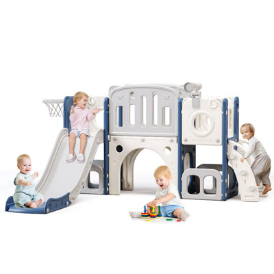 Toddler Slide Set, 8 In 1 Kids Slide With Climber, Indoor Outdoor Slide For Toddlers Age 1-3, Toddler Playset With Basketball Hoop And Tunnel, Toddler Indoor Outdoor Playground