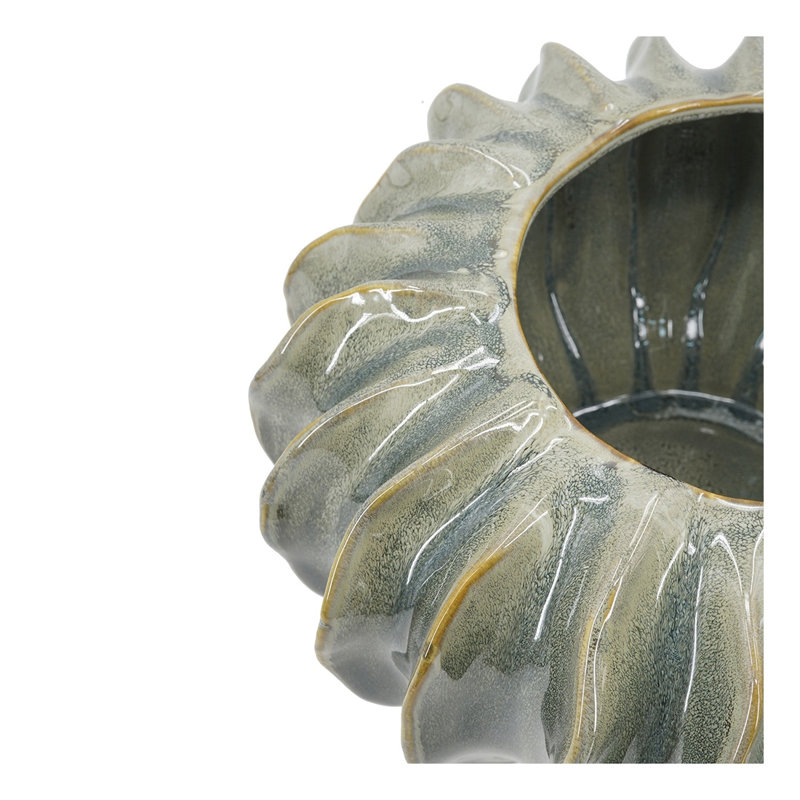 Vase sculpté en céramique nervuré vert sauge - urne bol ronde décorative 13,2 po avec glaçure réactive