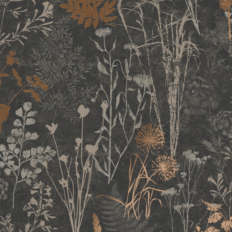 Zen Floral Metallic Wallpaper Double Roll, Black/Copper