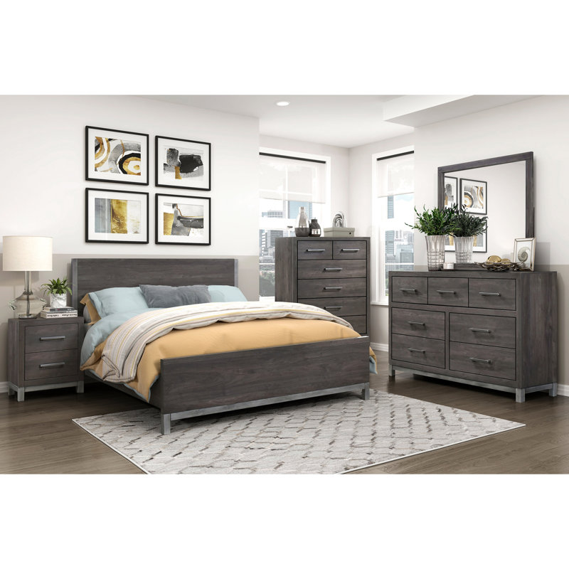 Chambre à coucher avec lit double au design moderne, gris brunâtre et argent antique, construction avec tête de lit à rails de style chic, teinture Scratch