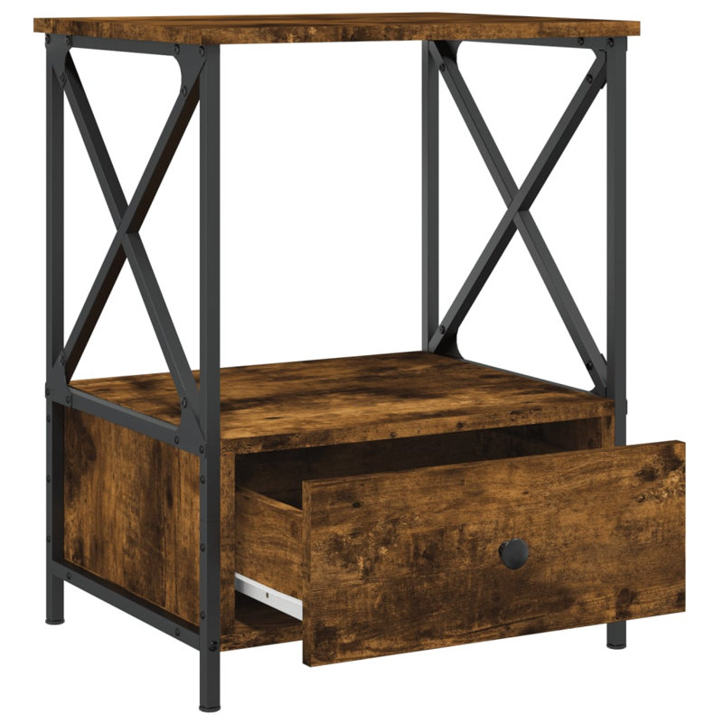 Cinar 50cm W Iron Bedside Table, Smoked Oak