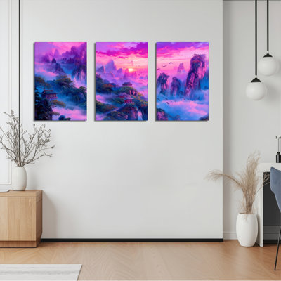 «Mauve Misty Mountain Landscape», reproduction d'art sur toile tendue sur toile (ensemble de 3) - idéale pour le salon, la chambre à coucher ou le bureau personnel