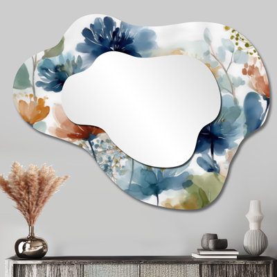 Miroir décoratif Floral Wavy - aquarelle bleu et champs de fleurs sauvages orange, impression métallique