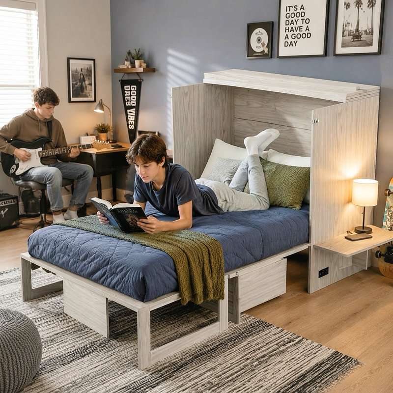 Grande commode moderne avec grands tiroirs de rangement, 2 prises, ports USB et table de chevet Modern, gris, Gray, Queen