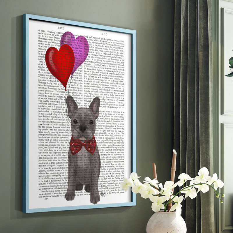 Bouledogue français et ballons français, reproduction encadrée, Cadre simple bleu, H 10 po x l 8 po