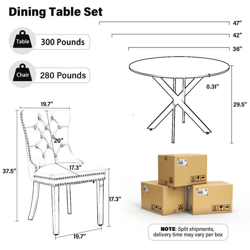 Round Wood Dining Set with Tufted Dining Chair, Black, 5, Black