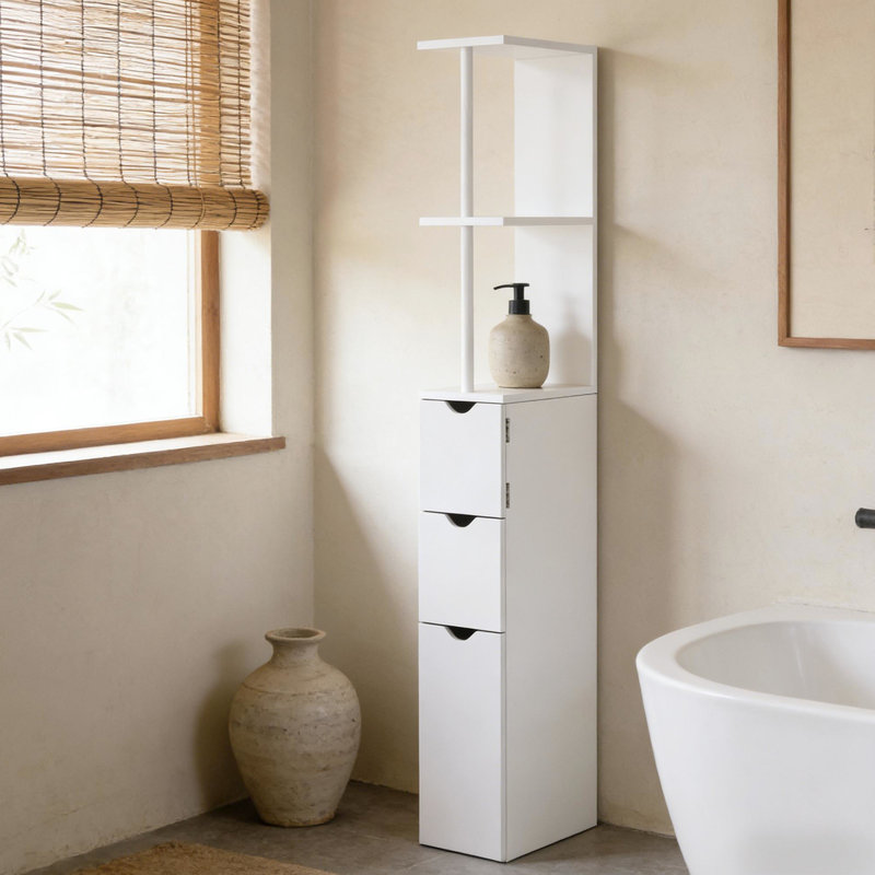 Élégante armoire de rangement pour la salle de bain, armoire de rangement étroite pour la salle de bain, tour à linge autoportante avec tablette à 2 niveaux et tiroirs