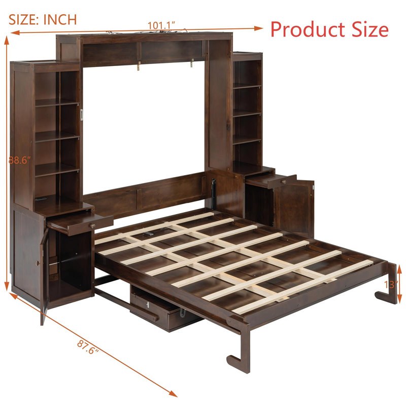 Grand lit escamotable avec bureau et rangement, lit mural en bois peu encombrant avec armoires et tiroirs - brun foncé, Brown