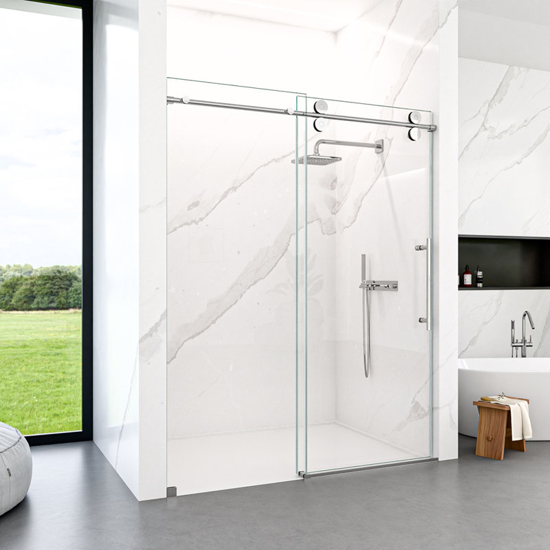 Porte de douche coulissante simple sans cadre l 44 à 48 po x H 76 po - Verre trempé transparent de 5/16 po (8 mm), Chrome
