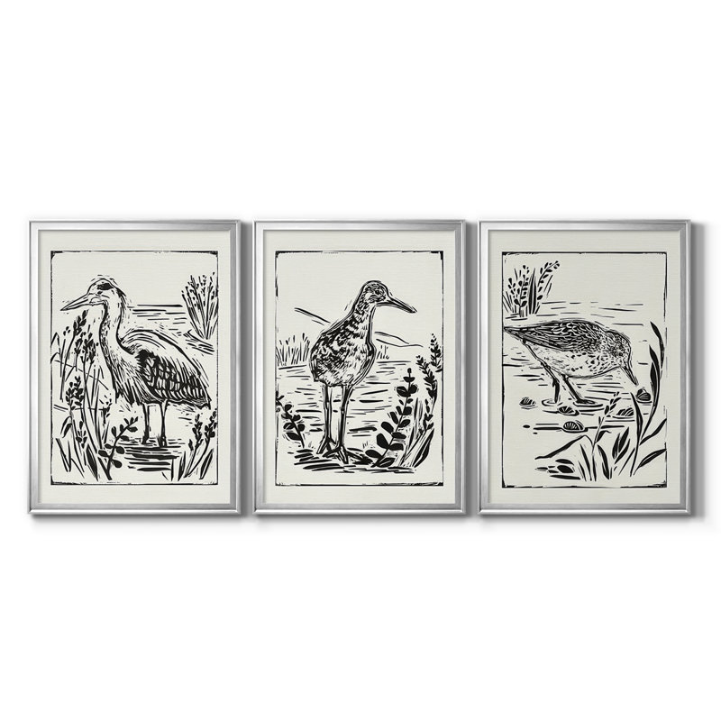Linocut Style Seabird I - Toile tendue avec châssis sur mesure - 3 pièces, H 27 po x l 57 po, Argent argent