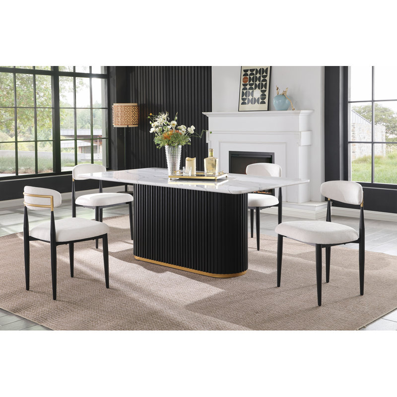 69" Dining Table Set for 6, Faux Marble Tabletop with Gold Trimmed Metal Wave Base & Chenille Upholstered Dining Chairs, Ideal for Kitchen, Reception & Conference Room