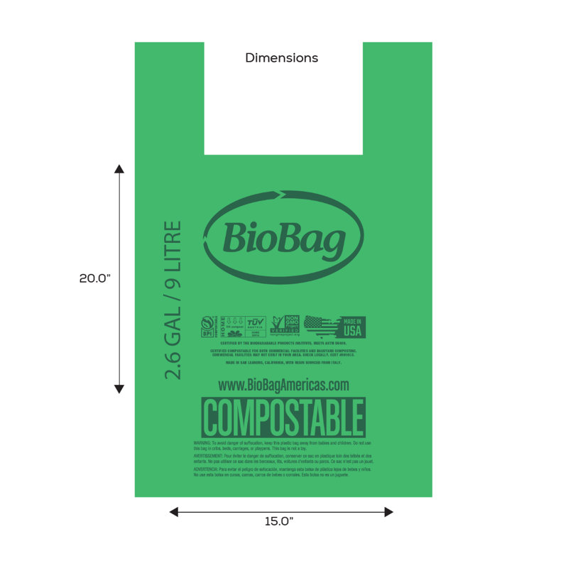 Biobag 2.6 Gallon Certified Compostable Food Trash Bag With Handles (150 Count), 2.6 Gallon With Handles