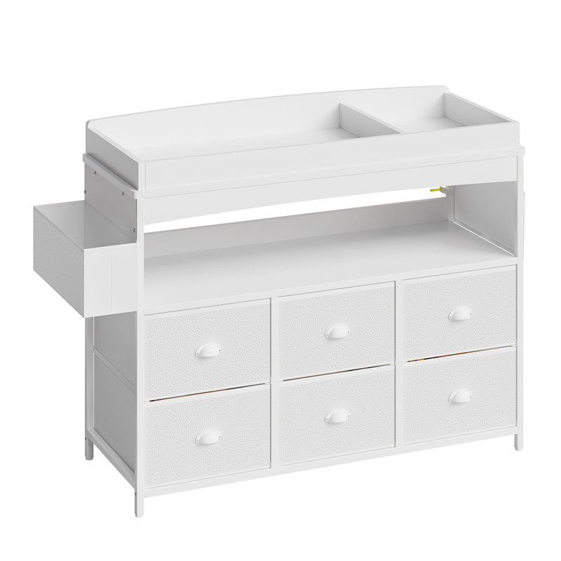 Commode à langer avec 6 tiroirs en tissu et tablette ouverte, blanc