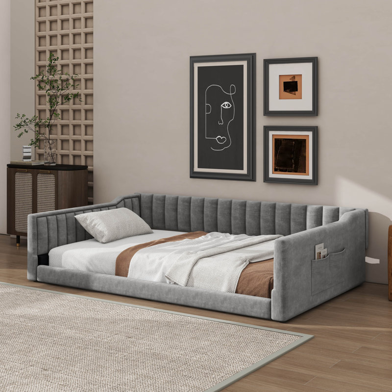 Lit de jour somptueux avec poches de rangement latérales pratiques, gris, Très grand simple