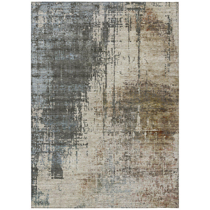 Tapis d'extérieur lavable abstrait brun et gris 5 pi x 8 pi beige