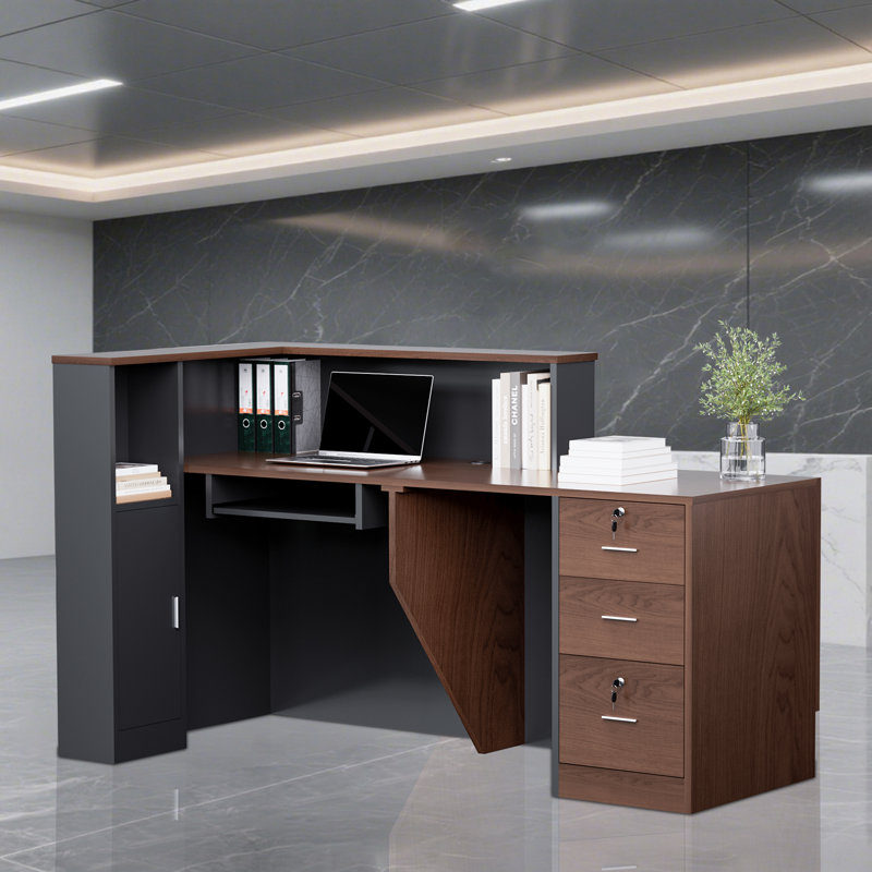 Bureau de réception en L avec tiroirs verrouillables et tablettes de rangement, bureau d'ordinateur multifonctionnel pour le bureau