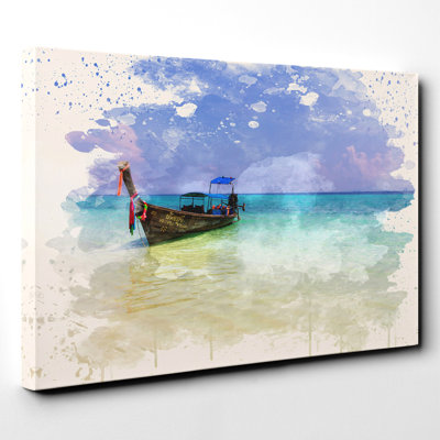 Longboat Boat in Thailand Seascape Painting on Canvas - Wrapped Canvas