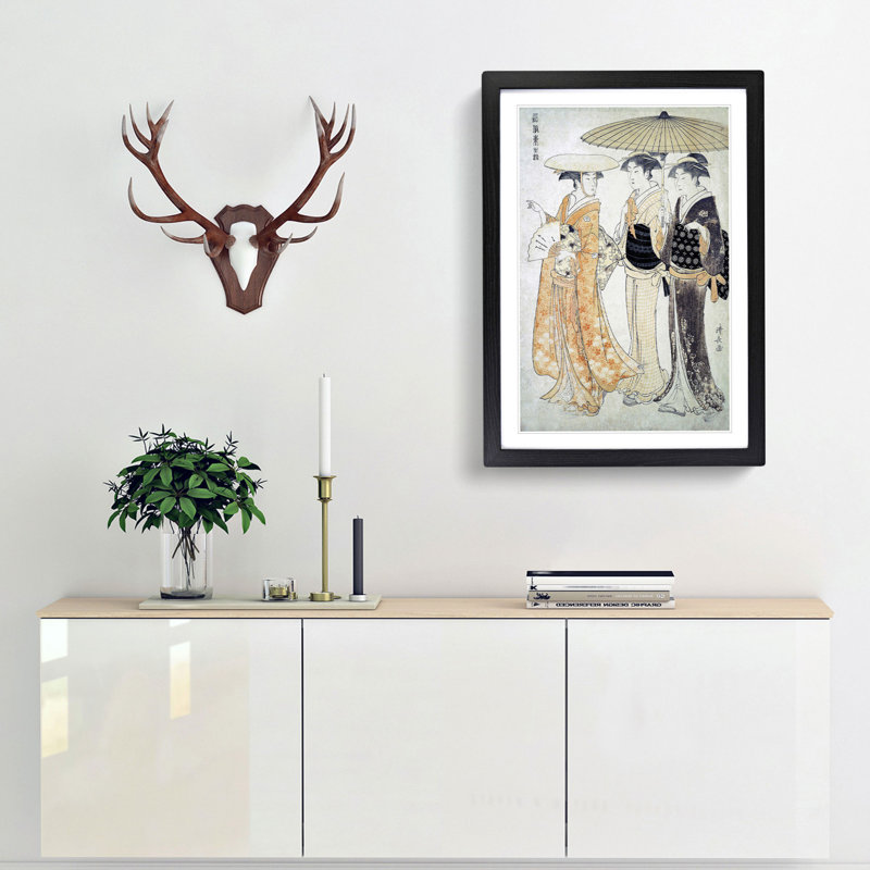 The Promenade by Torii Kiyonaga - Picture Frame Painting Print, 36cm H x 27cm W x 2cm D, Black Framed