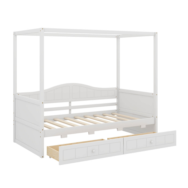 Lit à baldaquin simple avec deux tiroirs, structure de lit plateforme en bois, Blanc