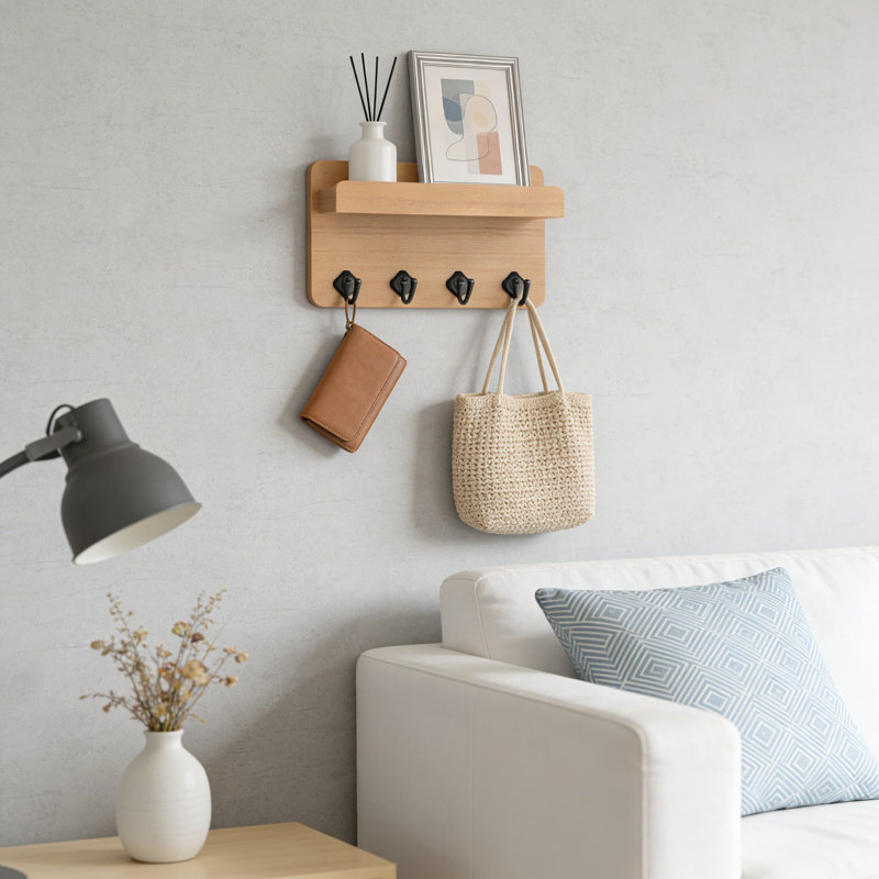 Porte-clés mural en bois avec tablette et 4 crochets, rangement pour clés, courrier et décoration intérieure, Brun