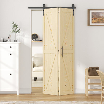 Porte de grange pliante de style K en bois de pin massif 84 po avec quincaillerie