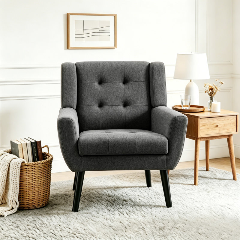 Bolanle 30" W Tufted Wide Back Accent Armchair, Dark Gray Linen