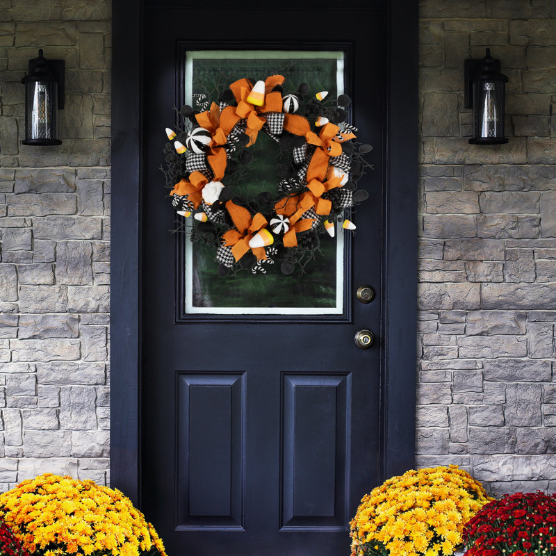 Houndstooth Bows And Candy Corn Halloween Wreath - 24"