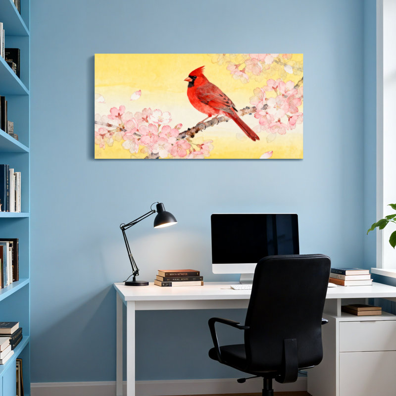 Animaux, cardinal rouge sur une branche de cerisier en fleurs, H 16 po x l 32 po
