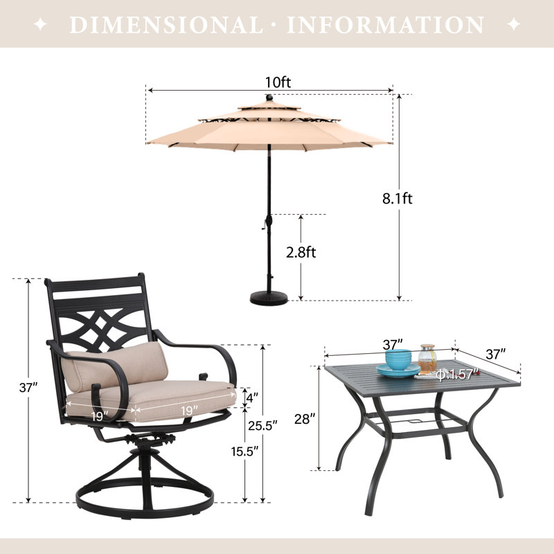 Ensemble de salle à manger de patio pour 4 personnes en acier avec parasol, Beige