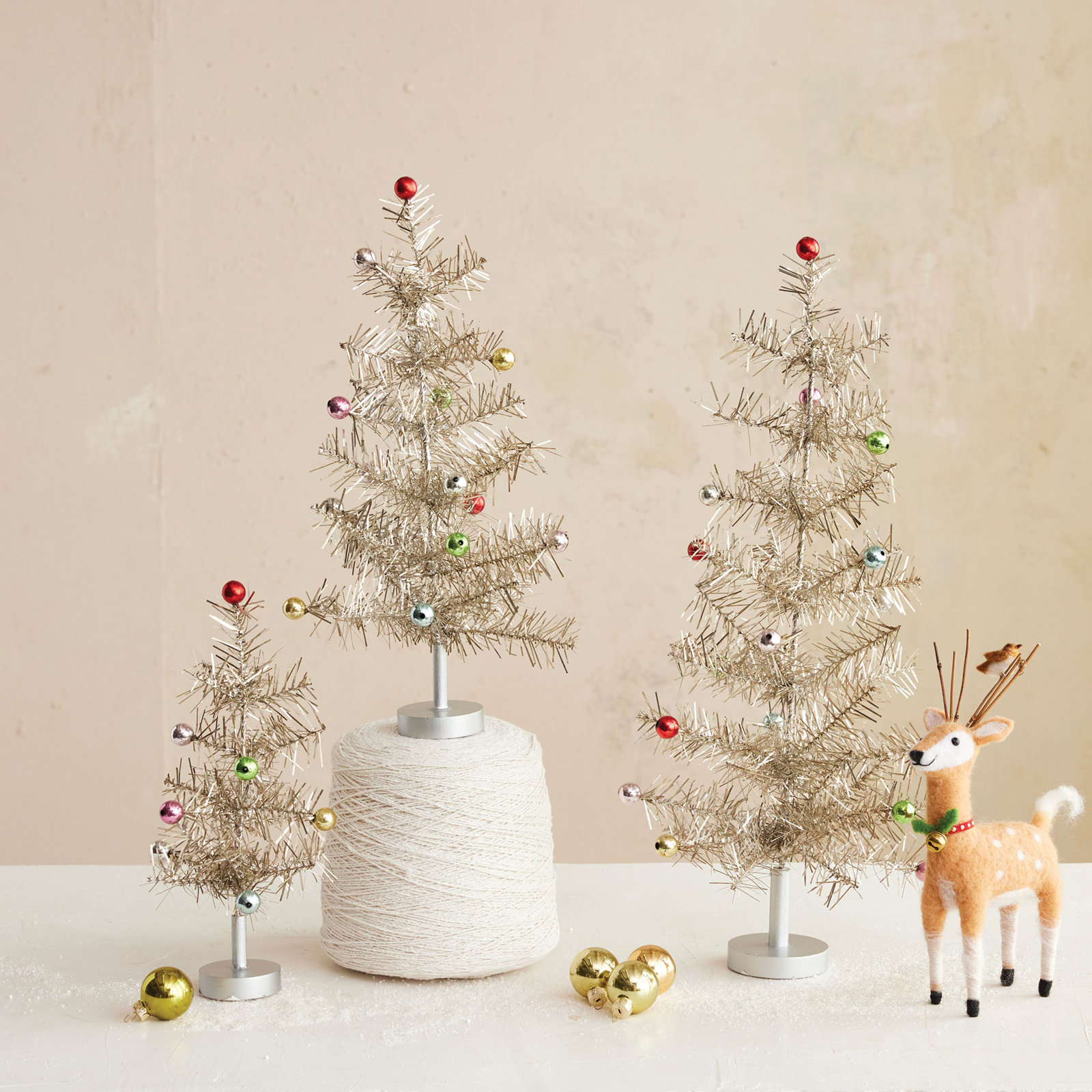 Tinsel Tabletop Tree with Ornaments, 8" H x 2.13" W x 2.13" D