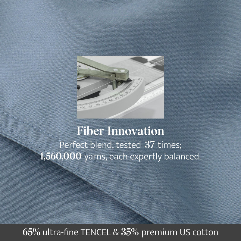 Drap de coton Tencel double couture uni 4 pièces , Bleu Windward, Ensemble de draps pour grand lit