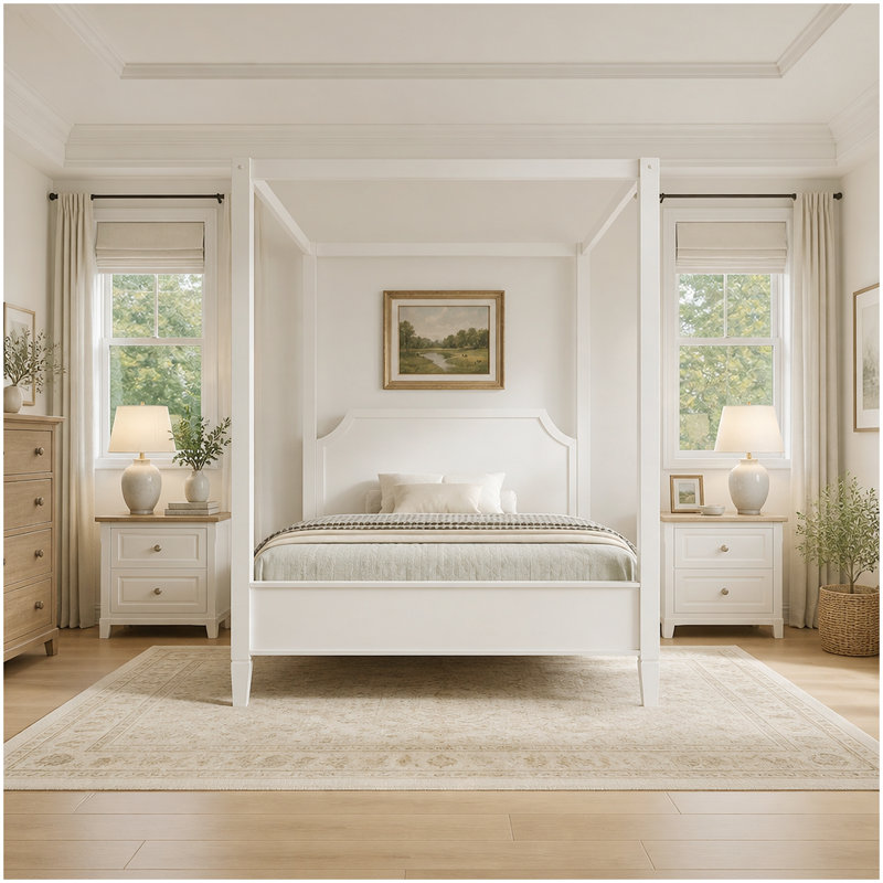 Queen Size Wooden Canopy Platform Bed with Headboard and Support Legs, Creamy White, Queen
