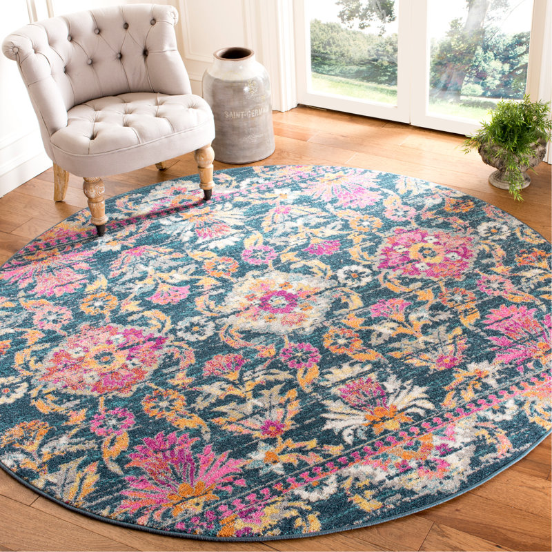 Tapis bleu en polypropylène tissé à la machine Felty, Rond 6 pi 7 po