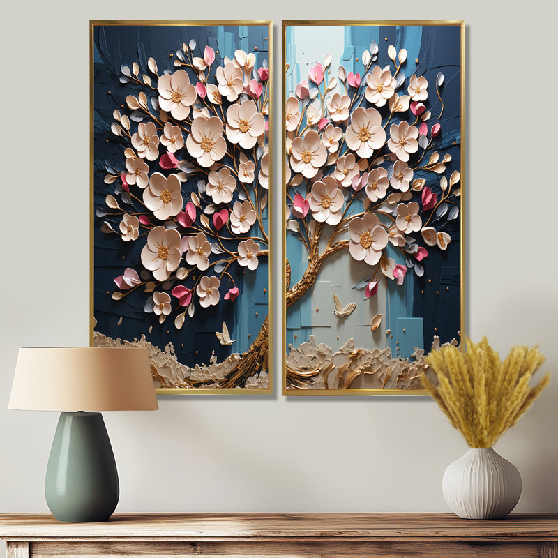 Orchidée bleue et blanche jardin de branches I - décoration murale or, H 20 po x l 24 po, Doré