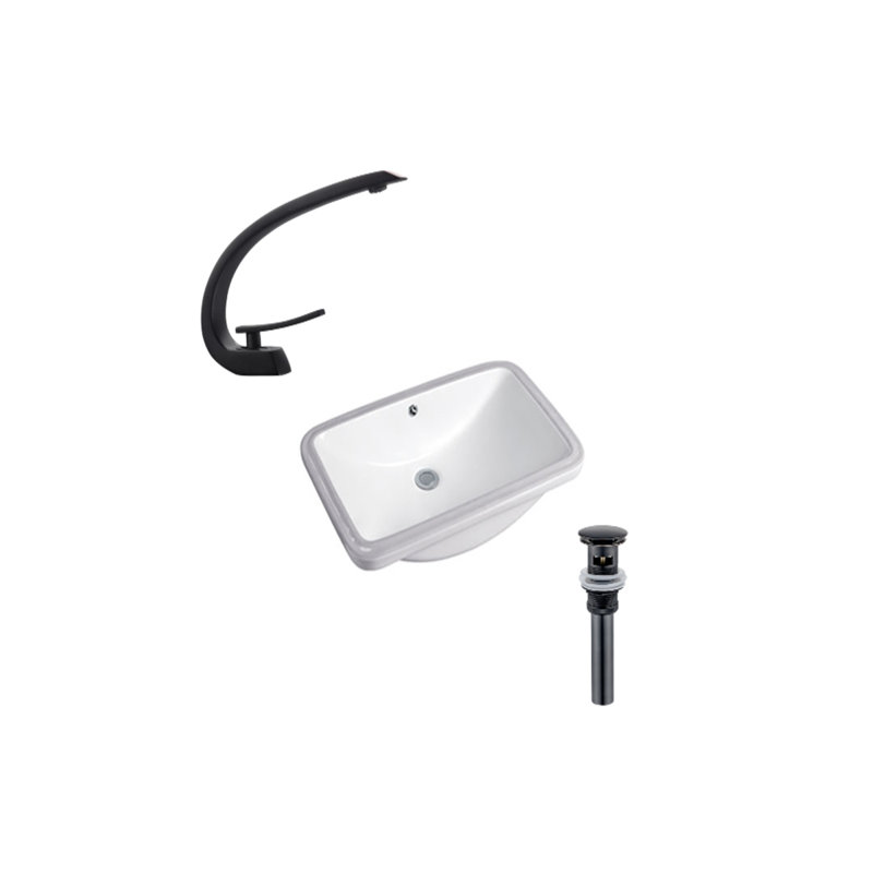 Lavabo de salle de bain rectangulaire encastré en céramique avec robinet et trop-plein, Noir, Noir